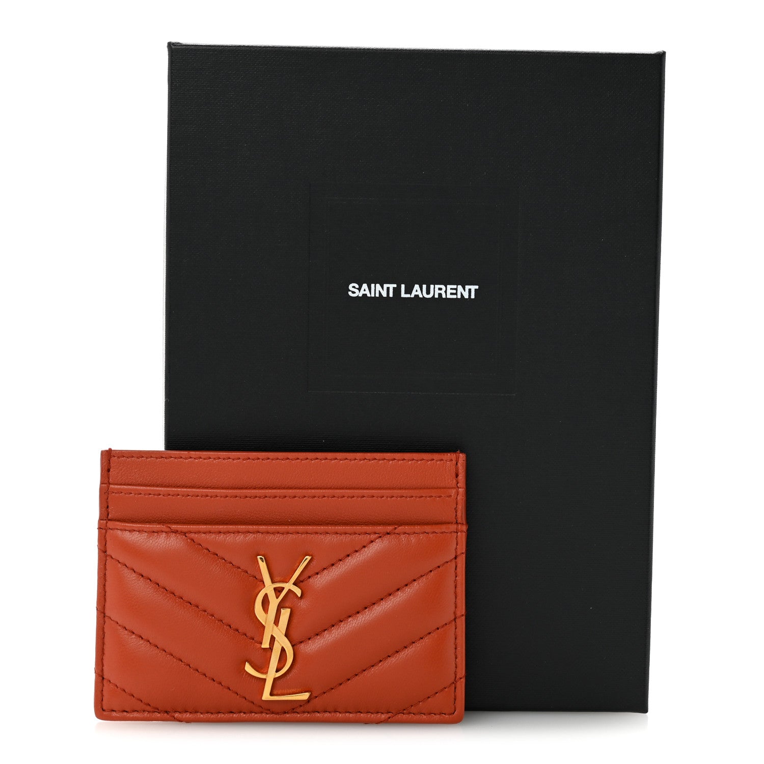 Saint Laurent Lambskin Matelasse Chevron Monogram Credit Card Case Dark Mandarin 8 of 8