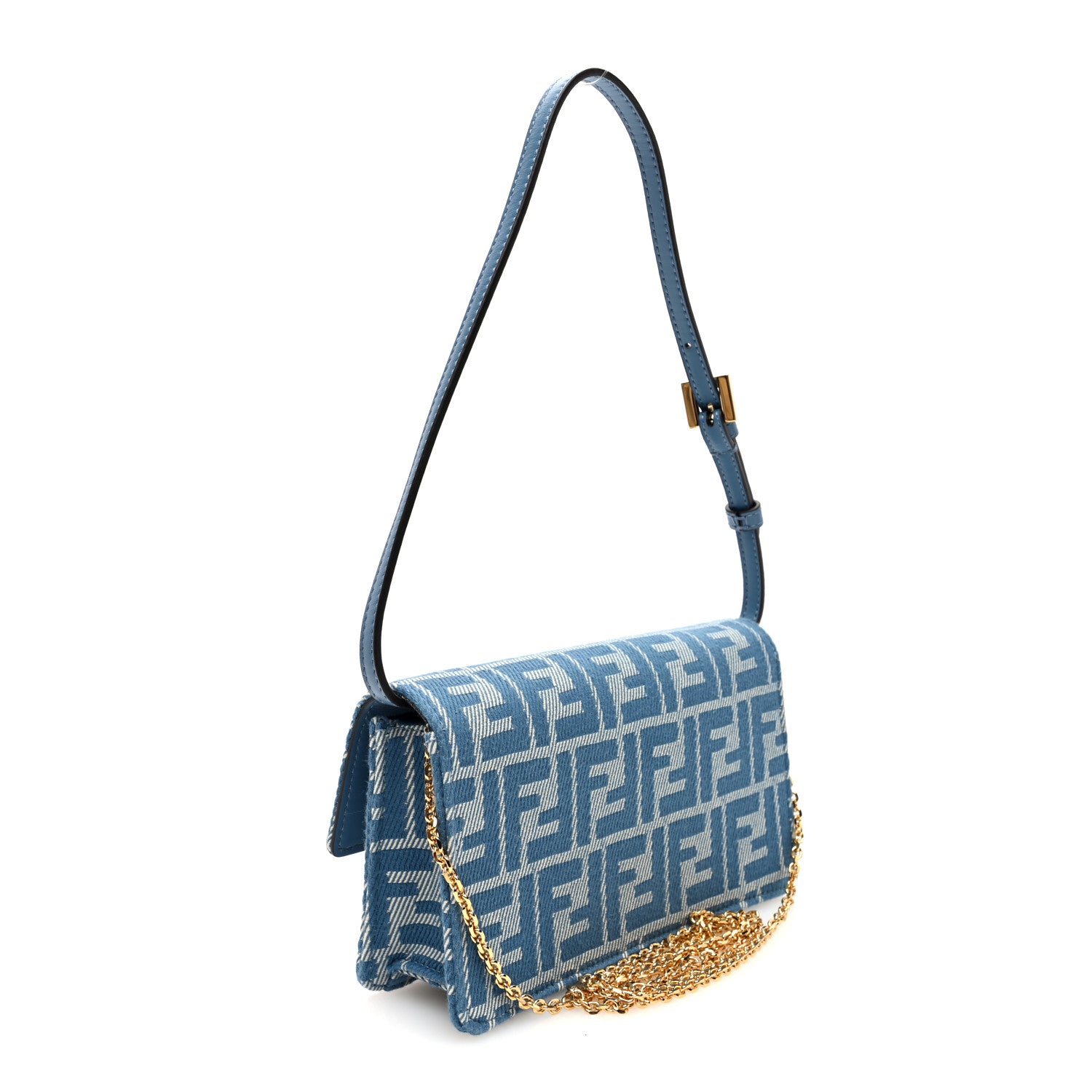 Fendi Denim Effect Fabric Jacquard FF 1974 Wallet On Chain Baguette Blue White 3 of 9