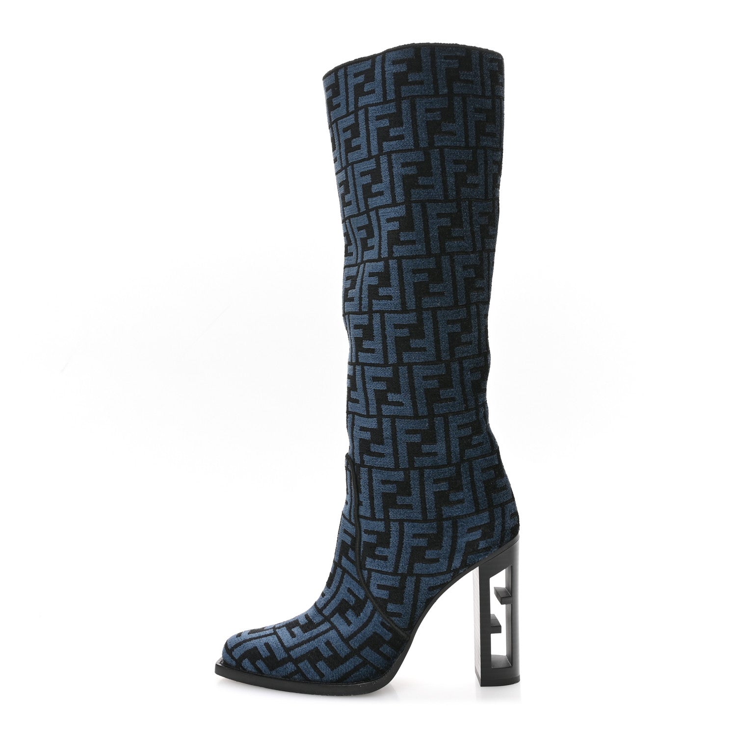 Fendi Chenille Jacquard FF 110mm Knee Boots 38 Black Blue 1 of 7