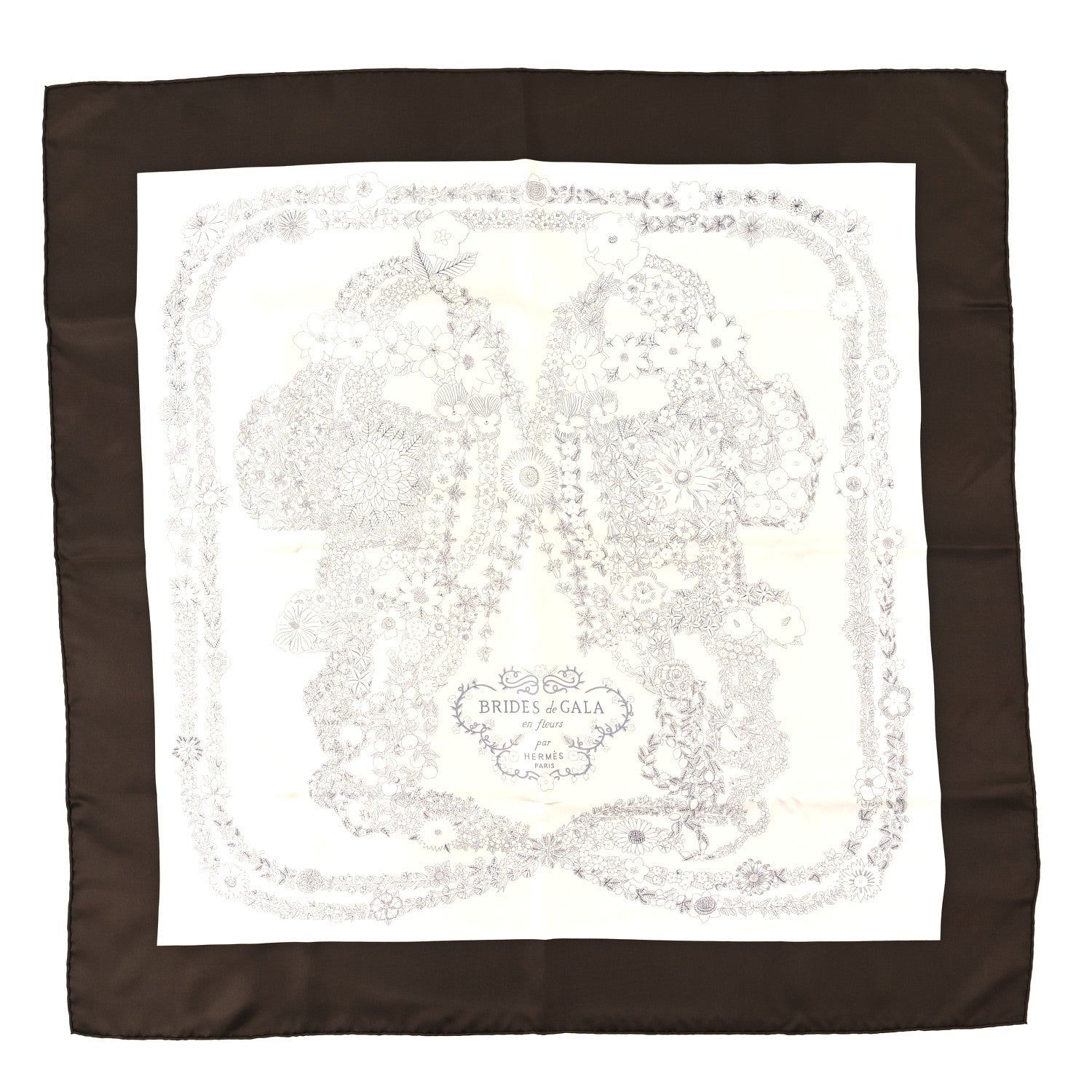 Hermes Silk Brides De Gala En Fleurs Scarf 90 Ebene White Gris Anthracite 1 of 4