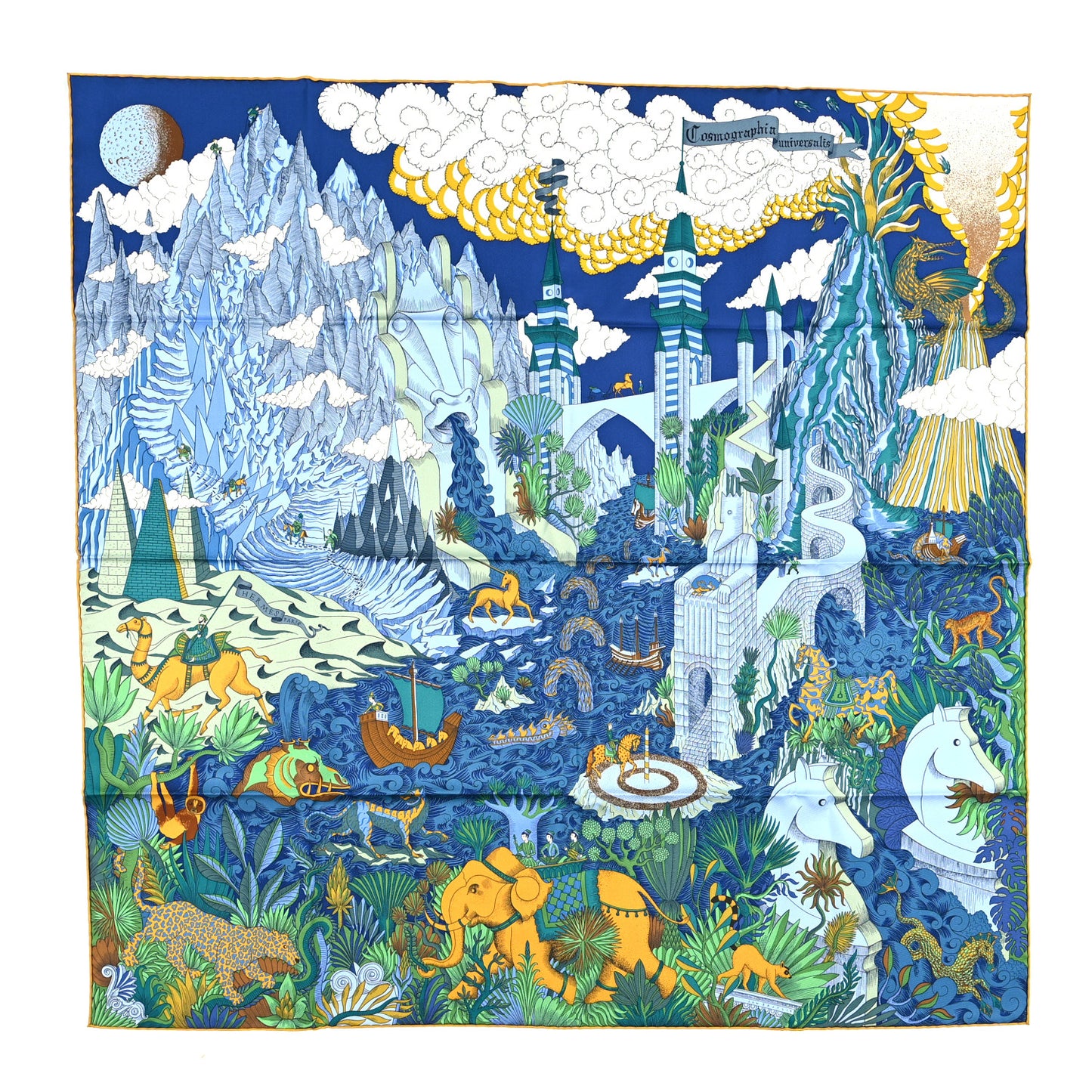 Silk Cosmographia Universalis Scarf 90 Bleu Nuit Vert Miel