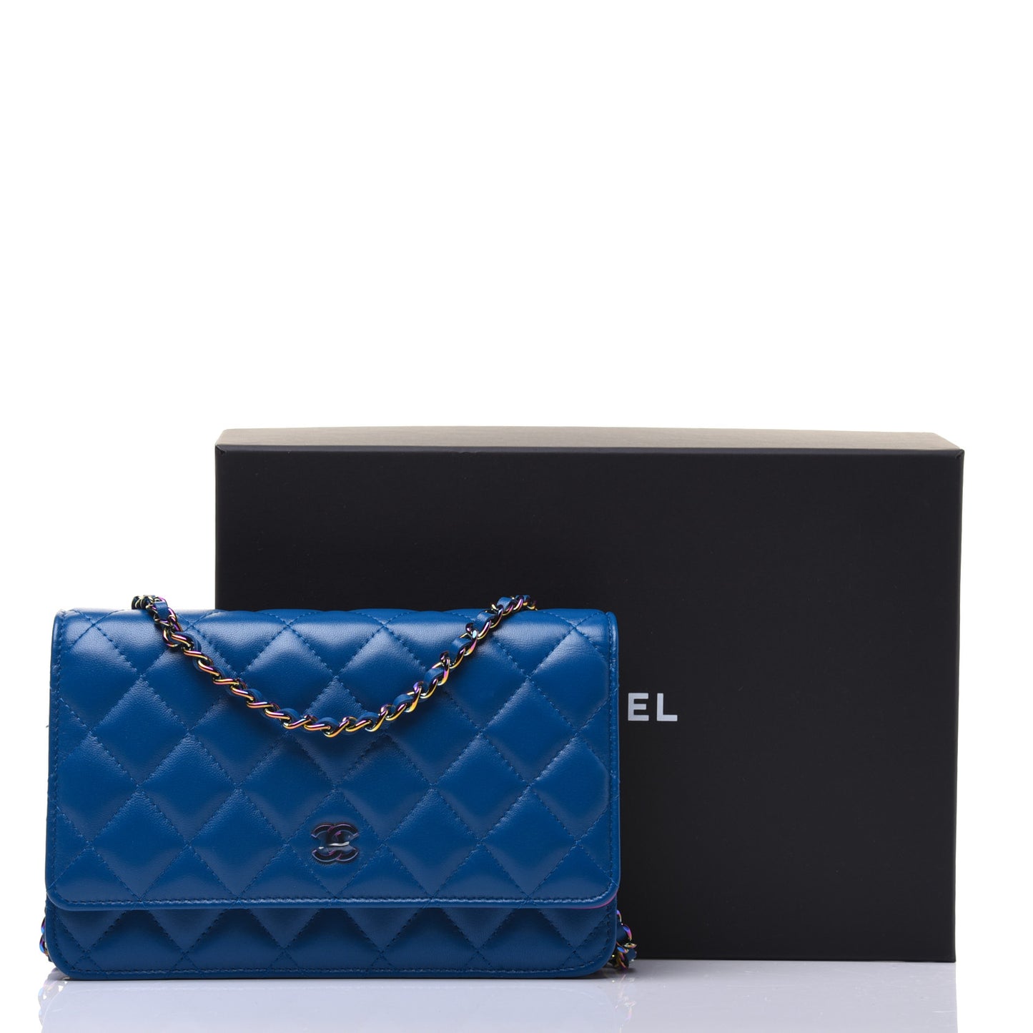 Lambskin Quilted Wallet On Chain WOC Dark Blue Pink