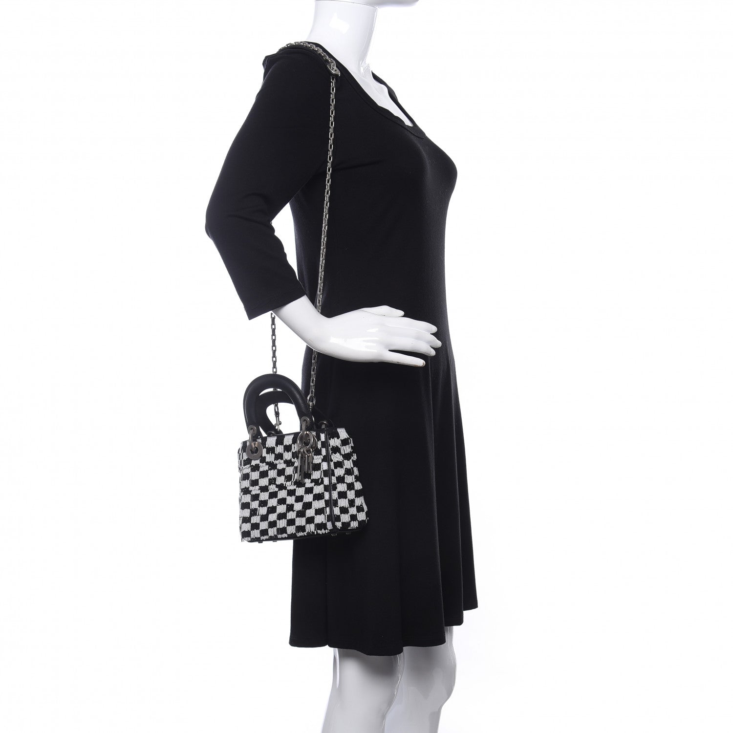 Christian Dior Calfskin Beaded Fringe Checkered Mini Lady Dior Black White 2 of 8