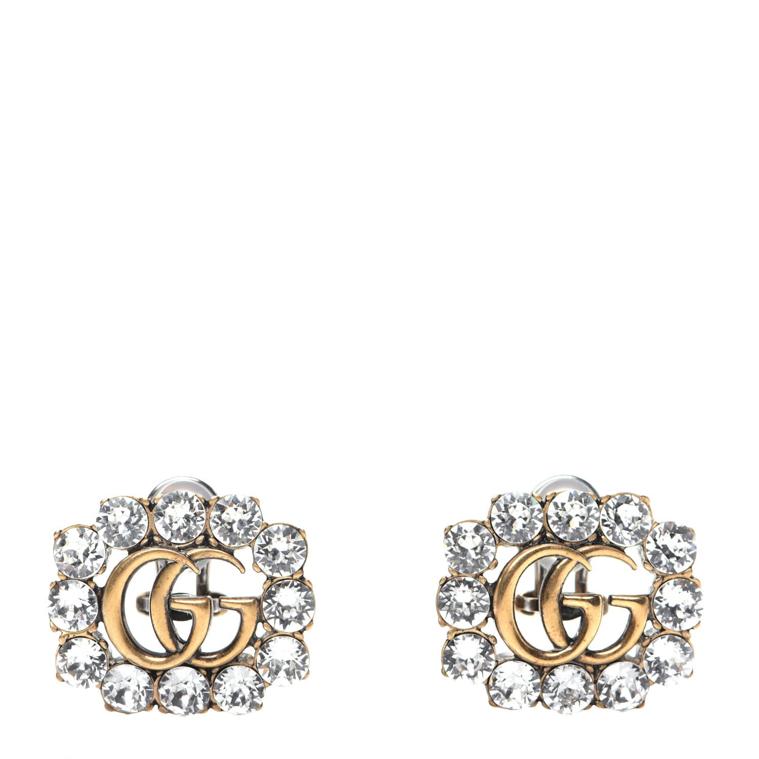 Gucci Metal Crystal Double G Clip On Earrings Aged Gold 1 of 6