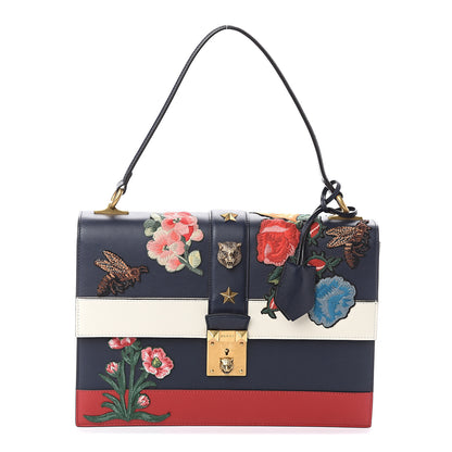 Gucci Calfskin Embroidered Riche Stripe Shoulder Bag Blue Red 1 of 8