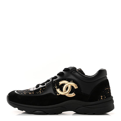 Chanel Velour Tweed CC Sneakers 40 Black Gold 1 of 14