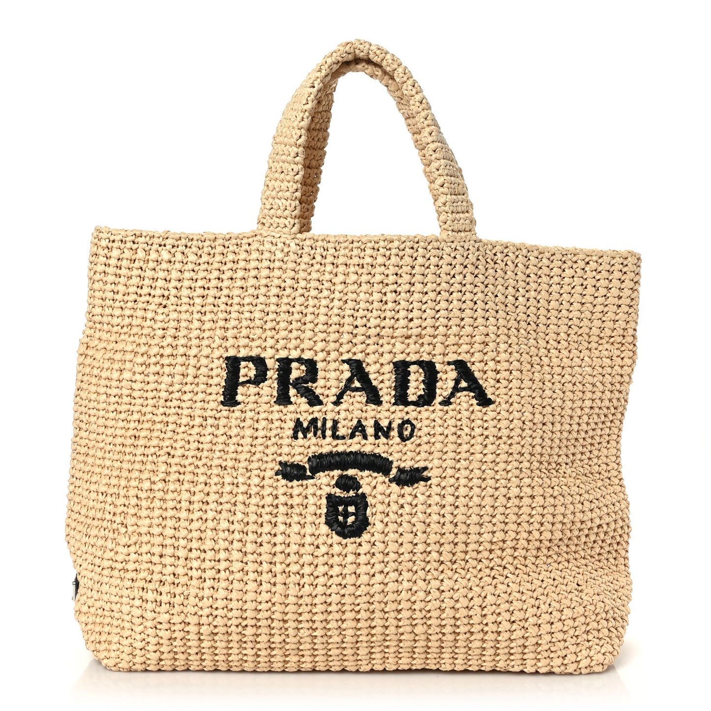 Yarn Raffia Effect Crochet Embroidered Logo Tote Naturale