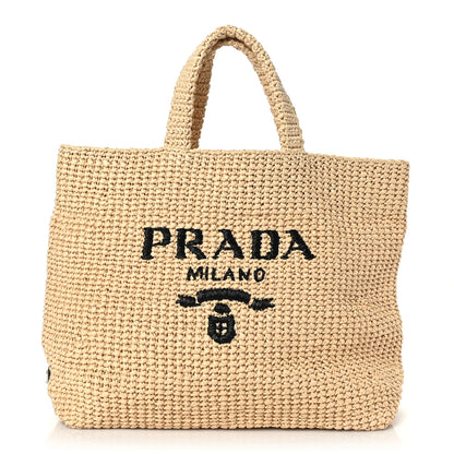 Prada Yarn Raffia Effect Crochet Embroidered Logo Tote Naturale 1 of 8