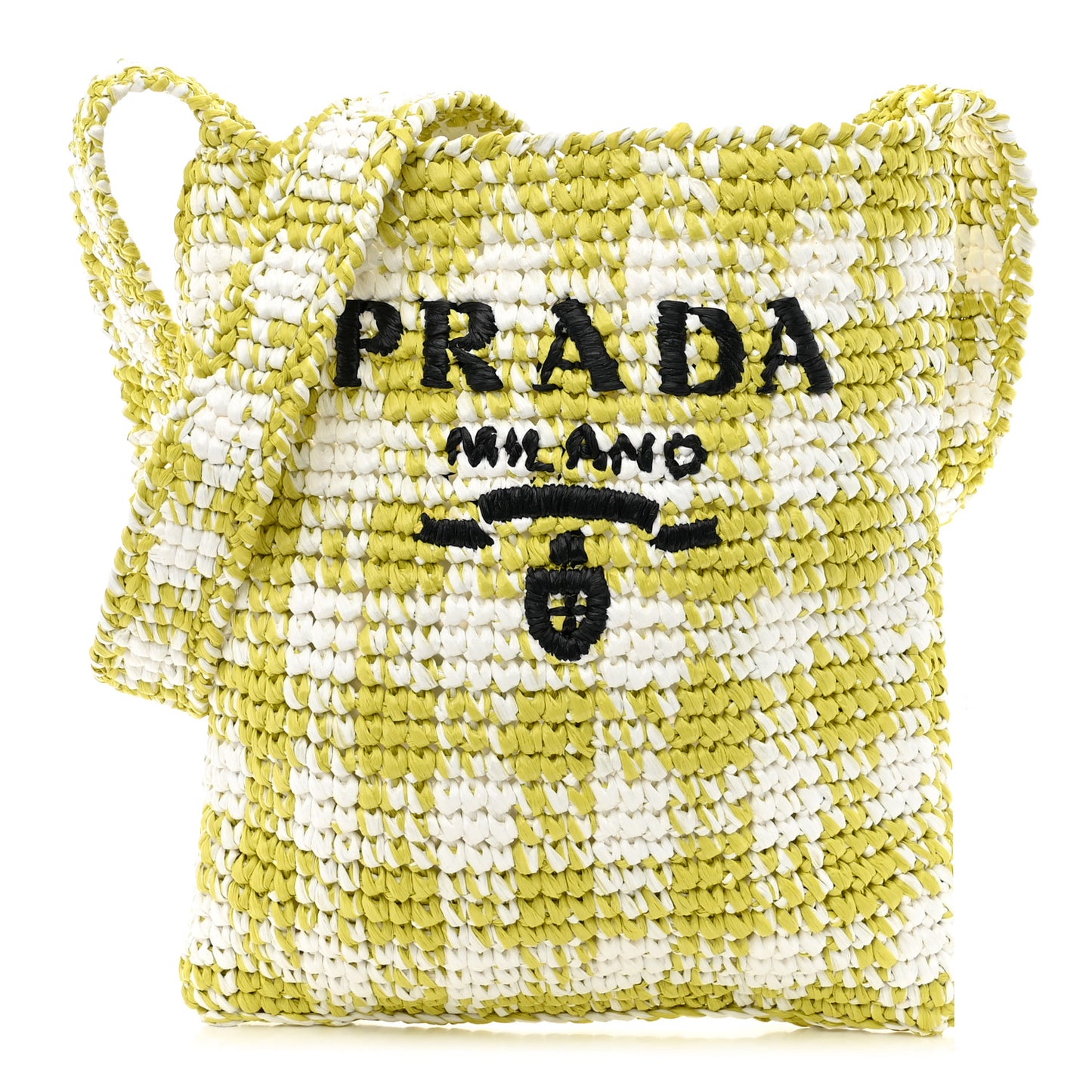 Yarn Raffia Effect Crochet Embroidered Logo Tote Messenger Bag Citron Yellow