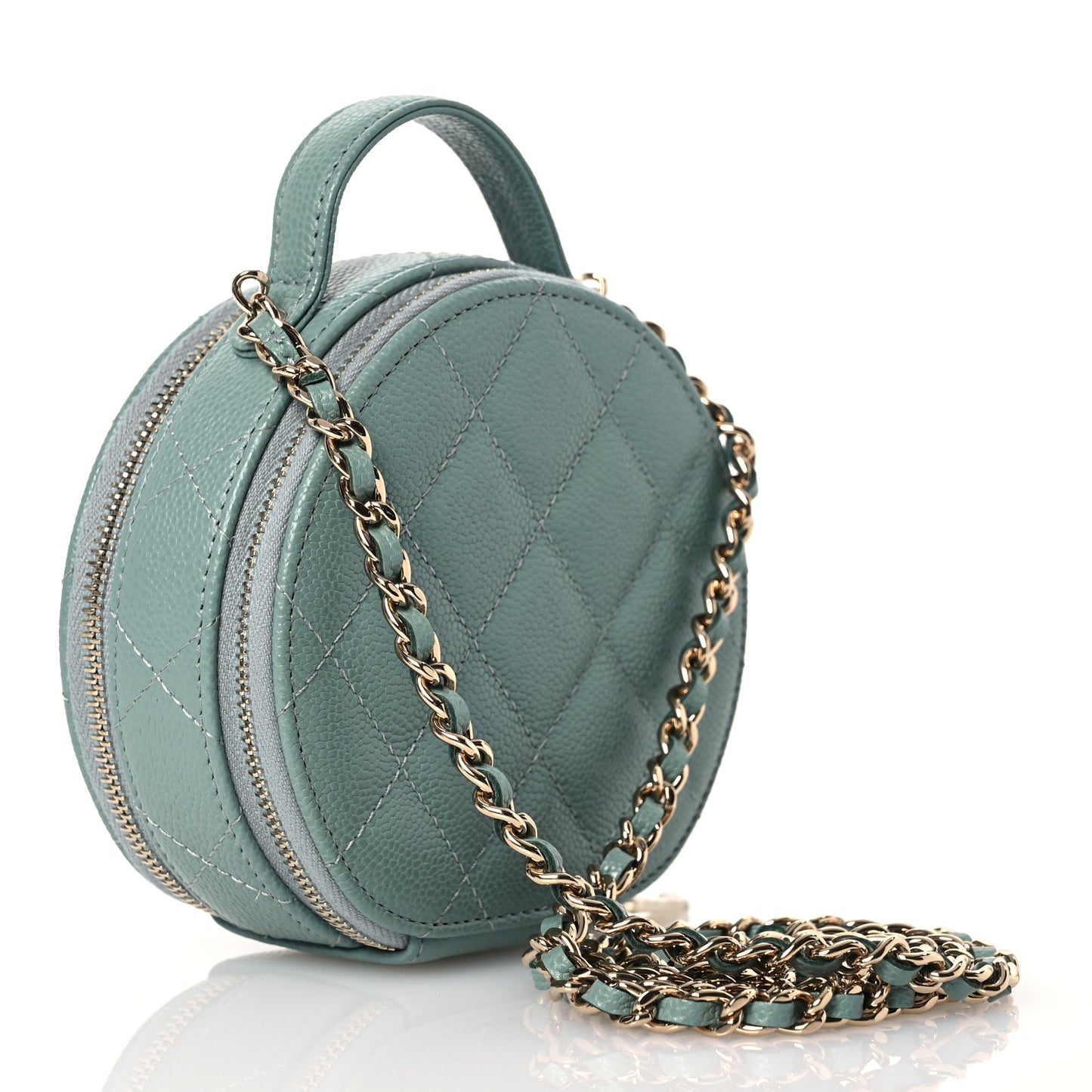 Caviar Quilted Round Handle With Care Vanity With Chain Blue