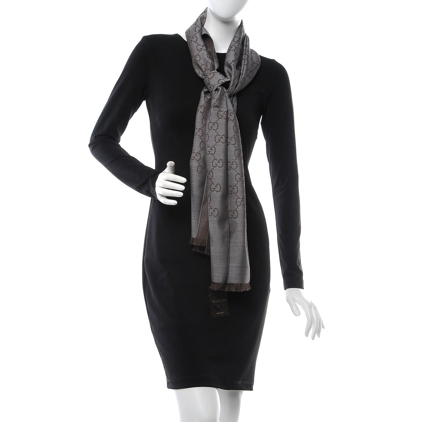 Wool Silk Monogram Fringe Scarf Graphite