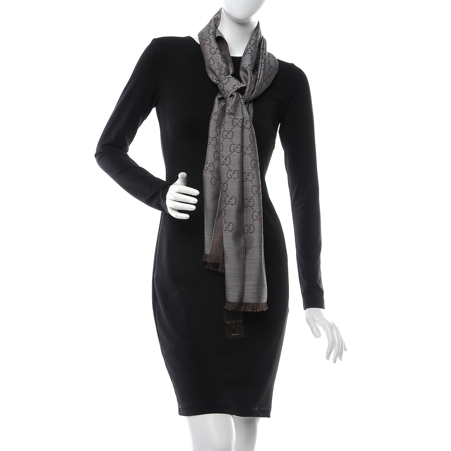 Gucci Wool Silk Monogram Fringe Scarf Graphite 2 of 5