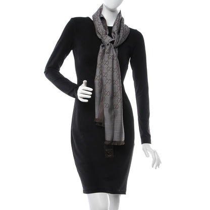 Gucci Wool Silk Monogram Fringe Scarf Graphite 2 of 5