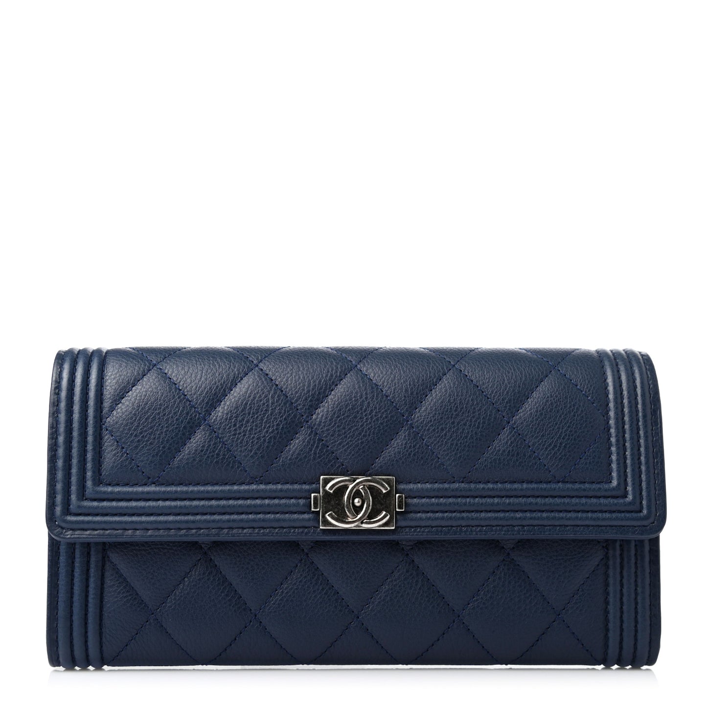 Calfskin Quilted Large Boy Gusset Flap Wallet Navy Blue