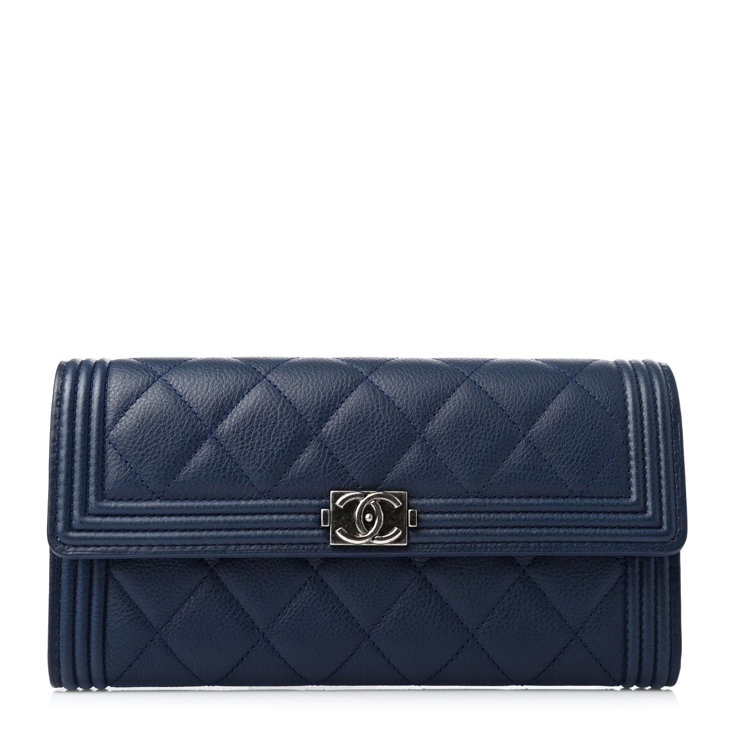 Chanel Calfskin Quilted Large Boy Gusset Flap Wallet Navy Blue 1 of 4