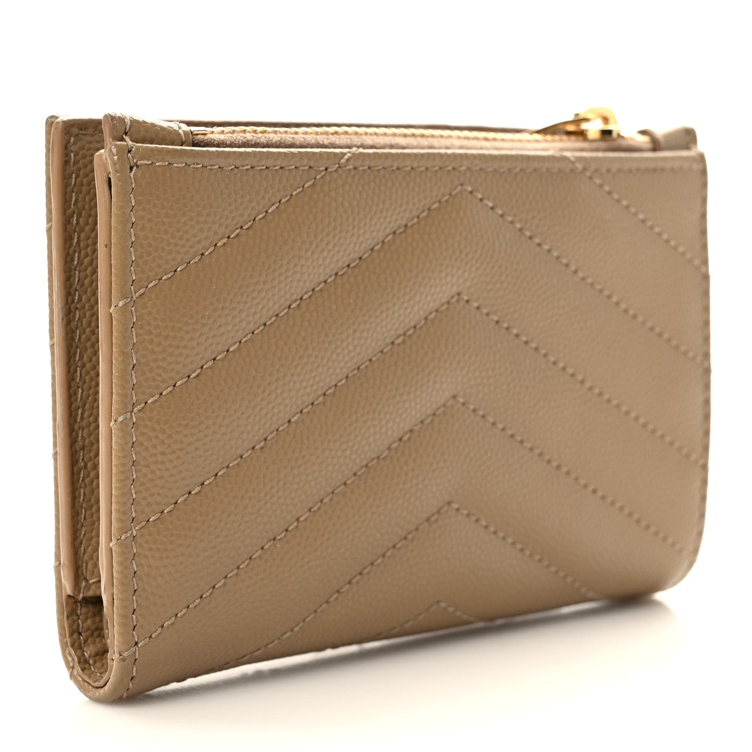 Saint Laurent Grain De Poudre Matelasse Chevron Cassandre Fragments Zipperred Bi-Fold Wallet Dark Beige 3 of 7