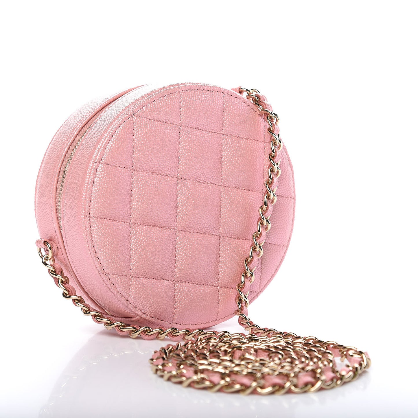 Iridescent Caviar Resin Quilted Round Clutch With Chain Pink