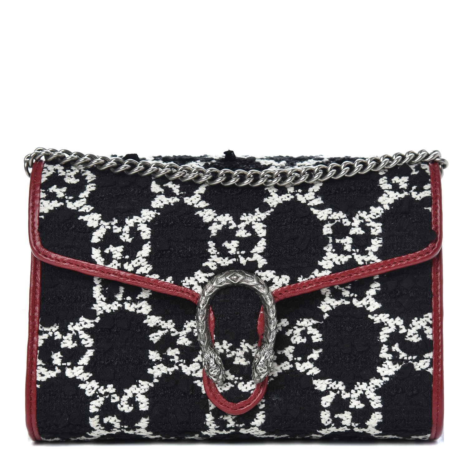Gucci Tweed GG Monogram Mini Dionysus Chain Wallet Black White Romantic Cherry 1 of 10