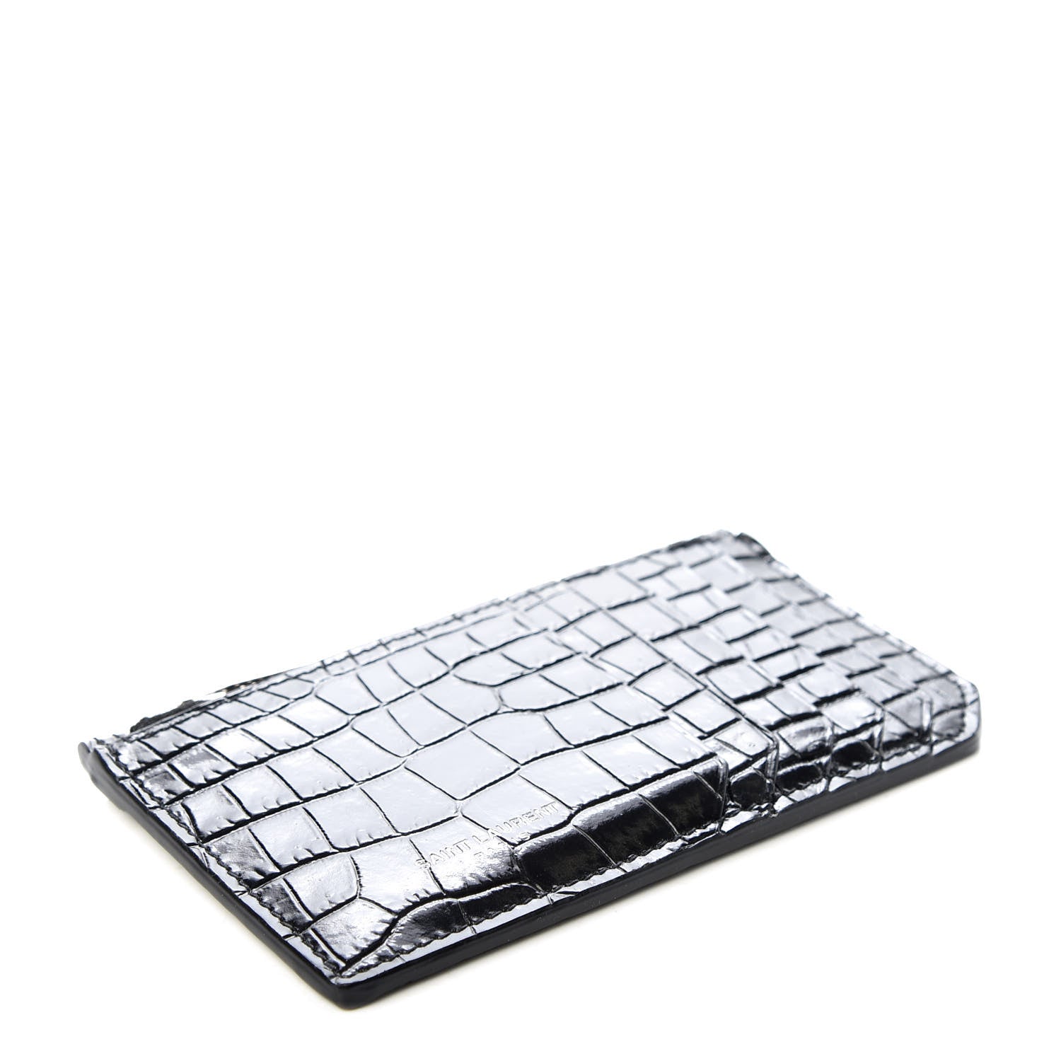 Saint Laurent Calfskin Crocodile Embossed 5 Fragments Zip Pouch Card Holder Black 4 of 8