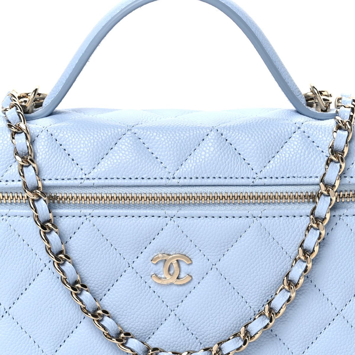 Caviar Quilted Top Handle Slim Vanity With Chain Light Blue