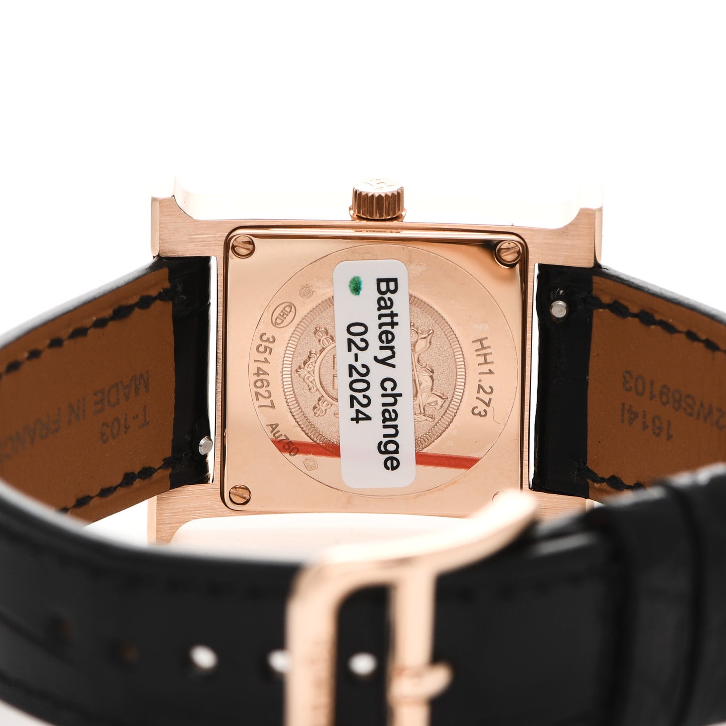 18K Rose Gold Alligator Diamond Bezel Mother of Pearl 21mm Heure H Hour Quartz Watch Noir