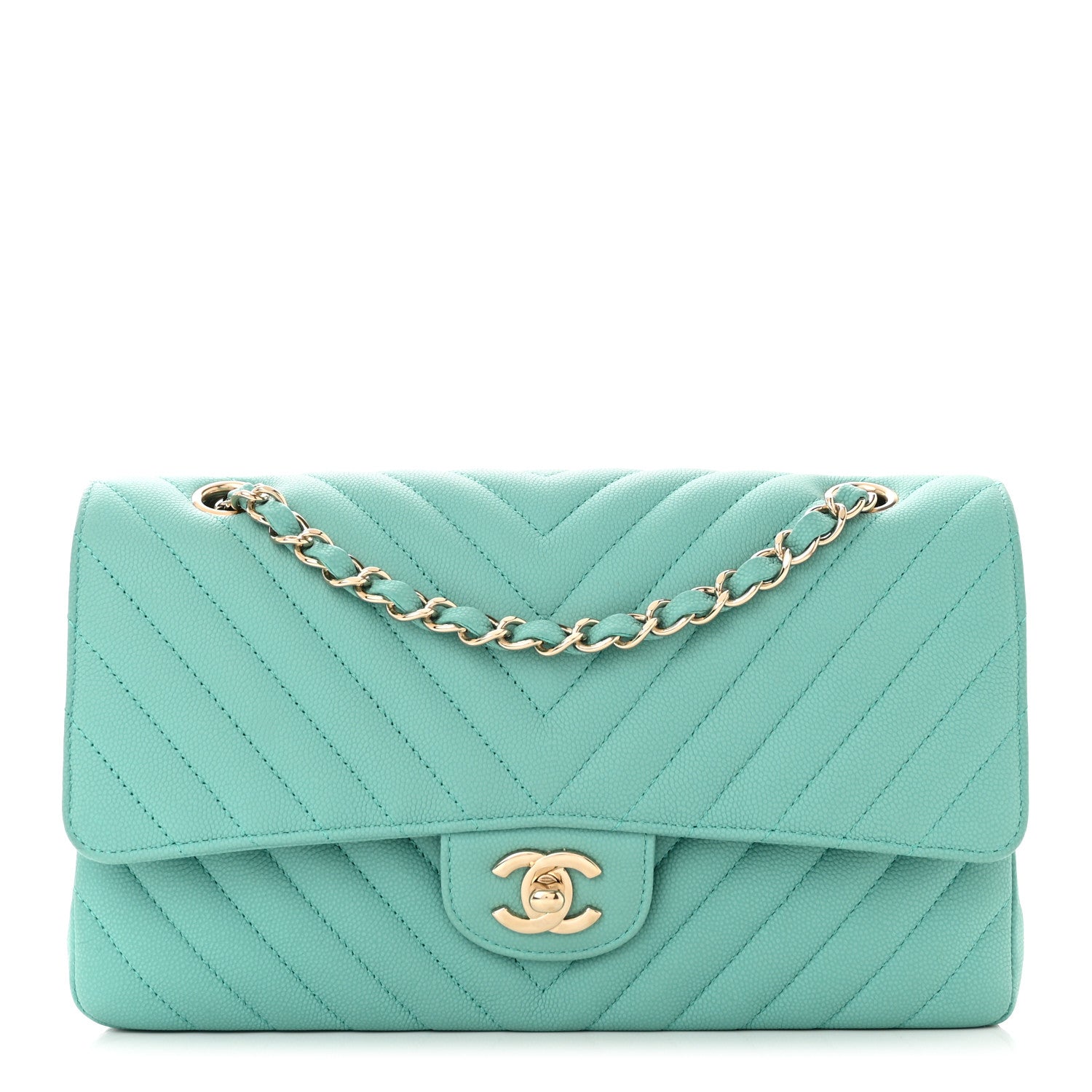Chanel Caviar Flat Chevron Quilted Medium Double Flap Green 1 of 14