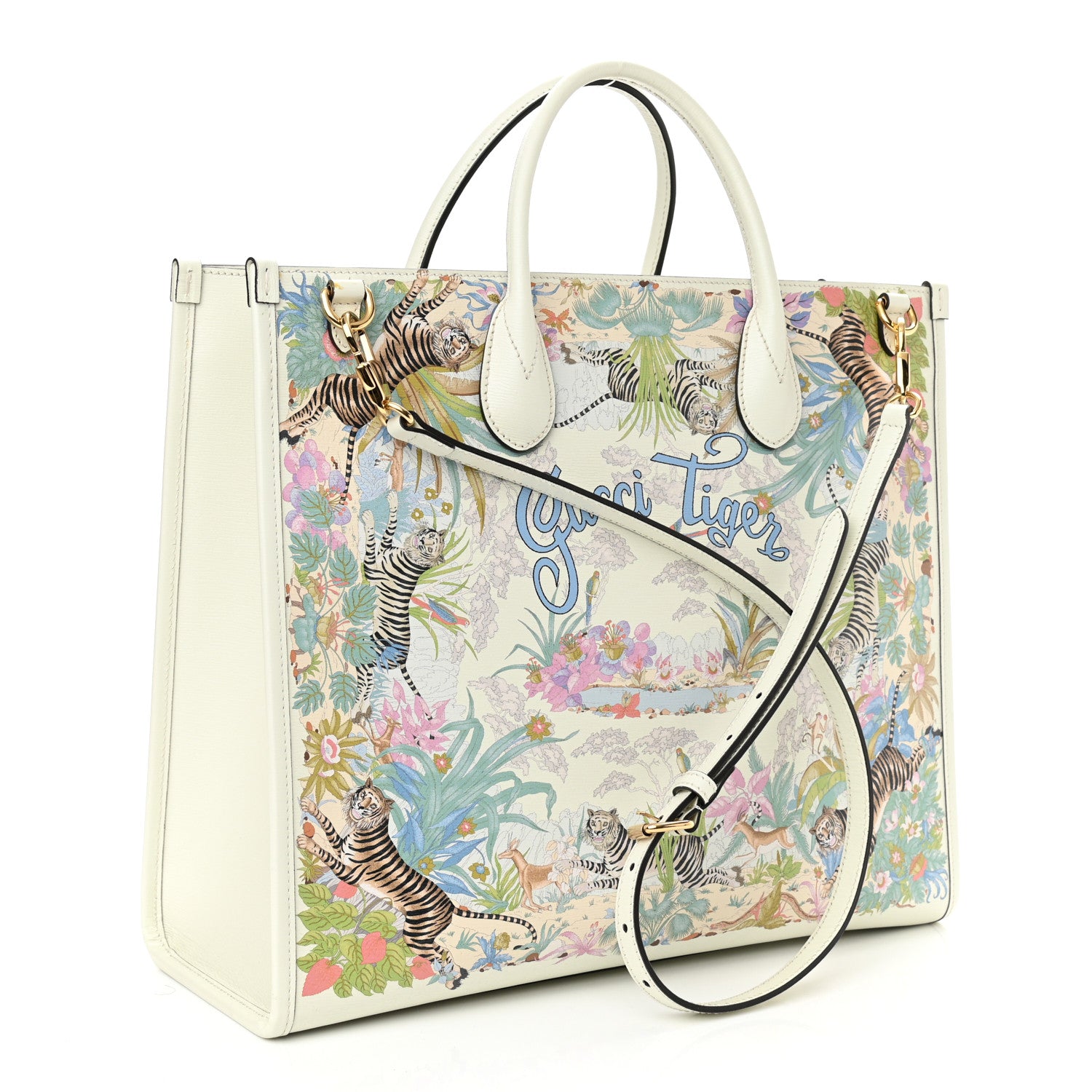 Gucci New Shangai Calfskin Tiger Savanah Textured Calfskin Medium Tote Chalky White Multicolor 3 of 11