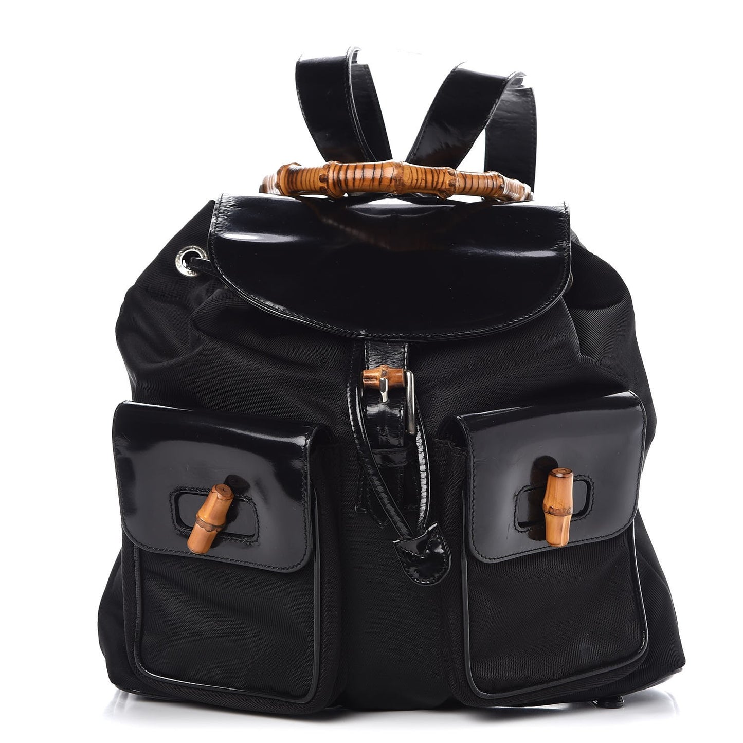 Patent Leather Nylon Bamboo Backpack Black