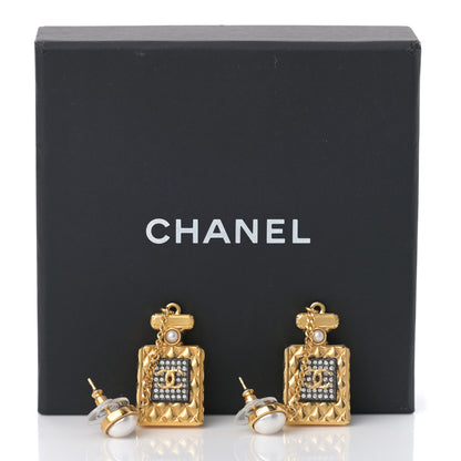 Chanel Crystal Pearl CC Perfume Bottle Chain Drop Earrings Gold 5 of 5