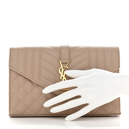 Saint Laurent Grain De Poudre Mixed Matelasse Triquilt Monogram Chain Wallet Dark Beige 2 of 12