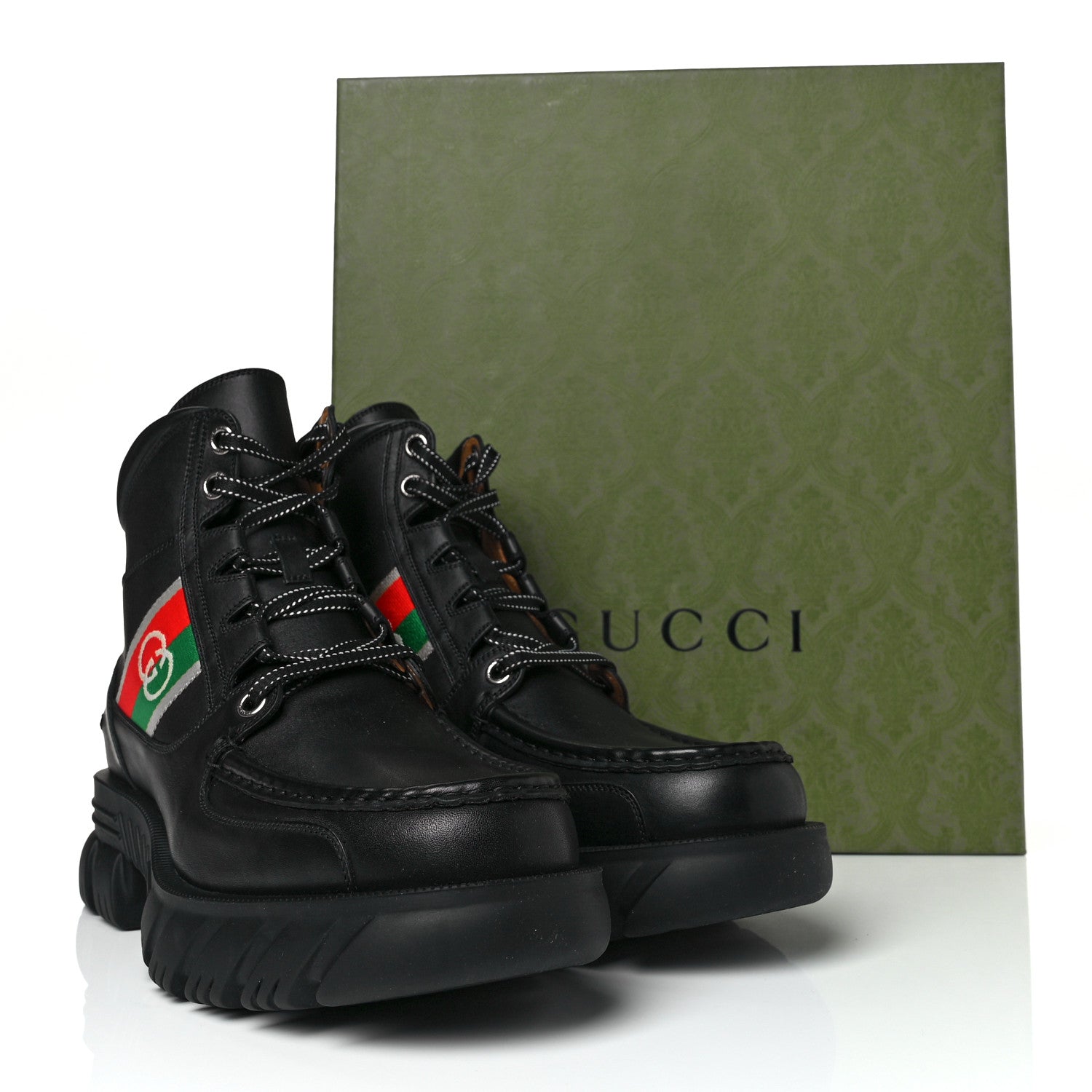 Gucci Quebec Calfskin Web Mens Interlocking G Lace Up Combat Boots 8.5 Black Mystic White Green Red 9 of 9