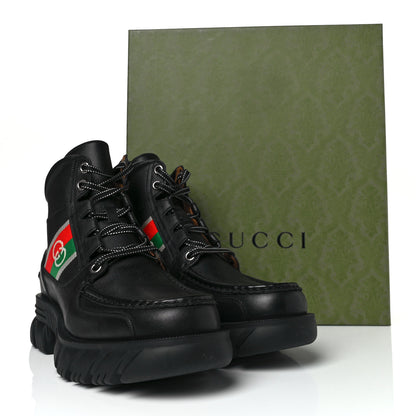 Gucci Quebec Calfskin Web Mens Interlocking G Lace Up Combat Boots 8.5 Black Mystic White Green Red 9 of 9