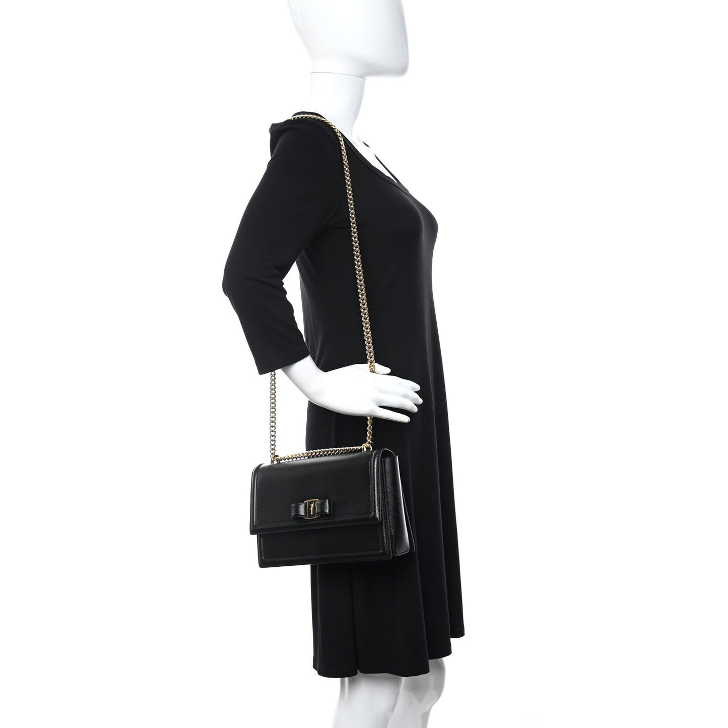 Hammered Calfskin Vara Bow Chain Flap Crossbody Black