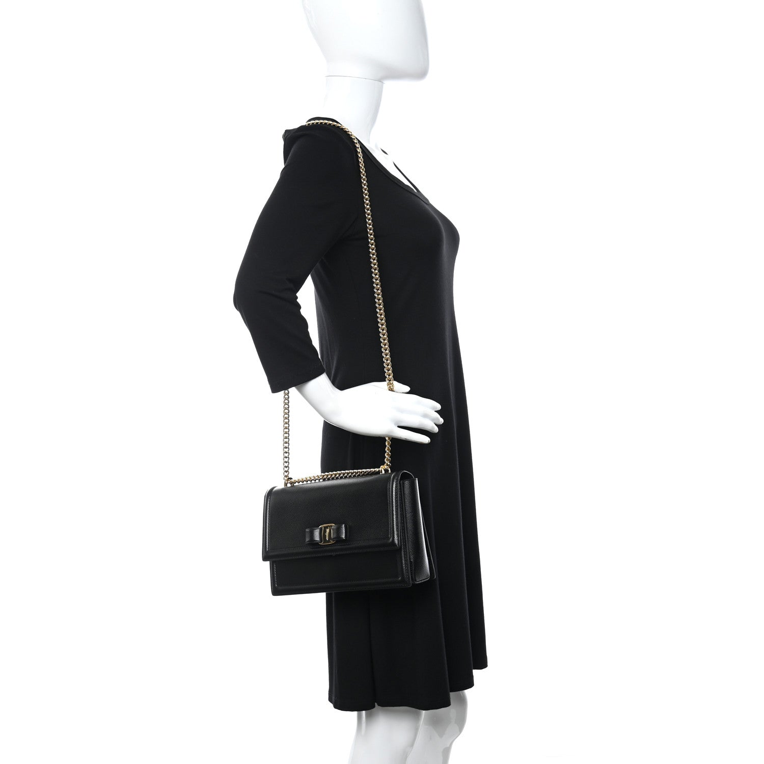 Salvatore Ferragamo Hammered Calfskin Vara Bow Chain Flap Crossbody Black 2 of 9