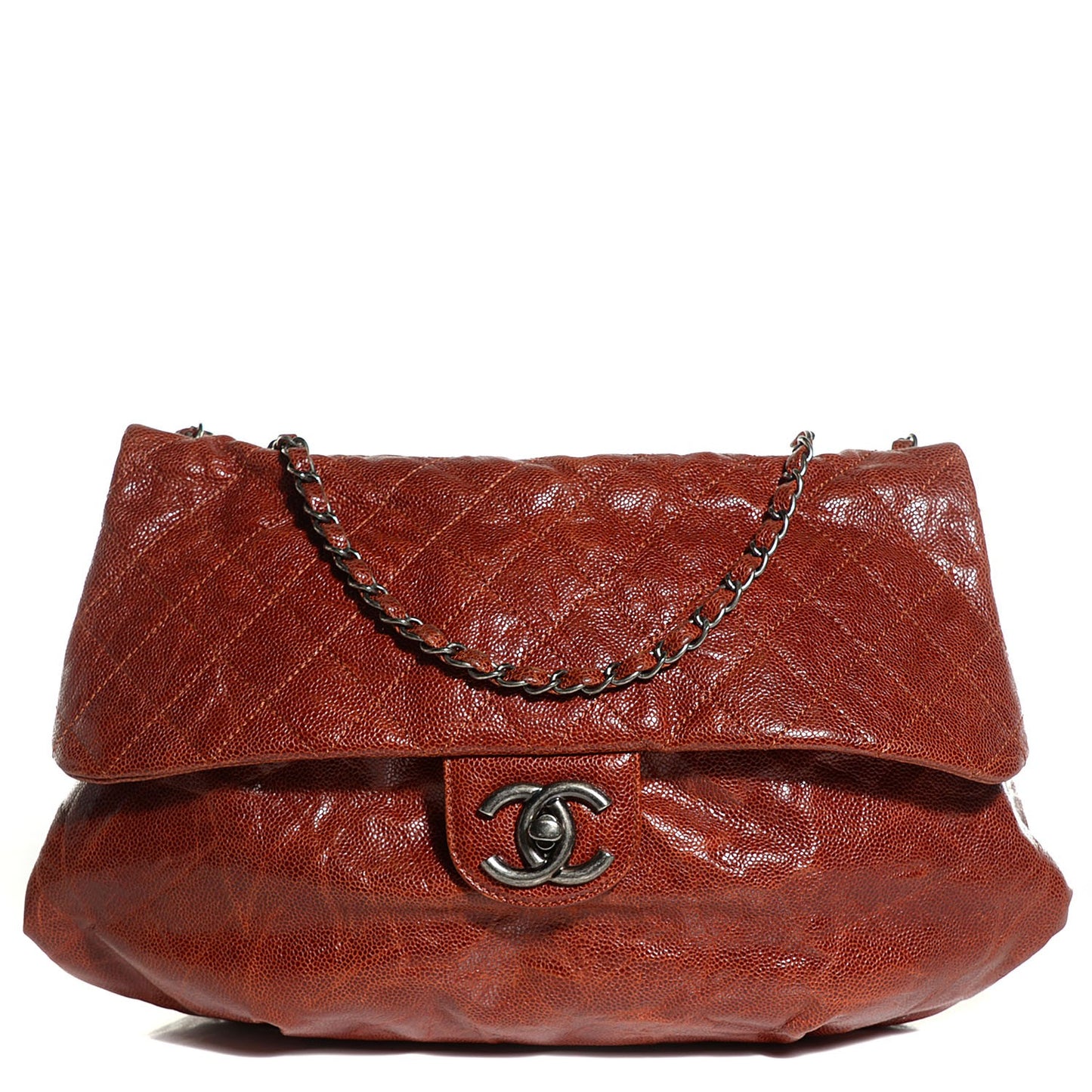 Grained Calfskin Quilted Maxi Elastic Flap Brown