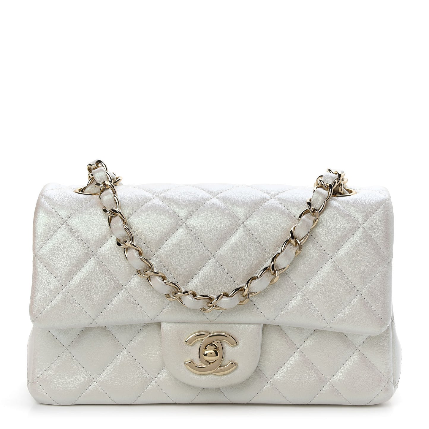 Iridescent Calfskin Quilted Mini Rectangular Flap White