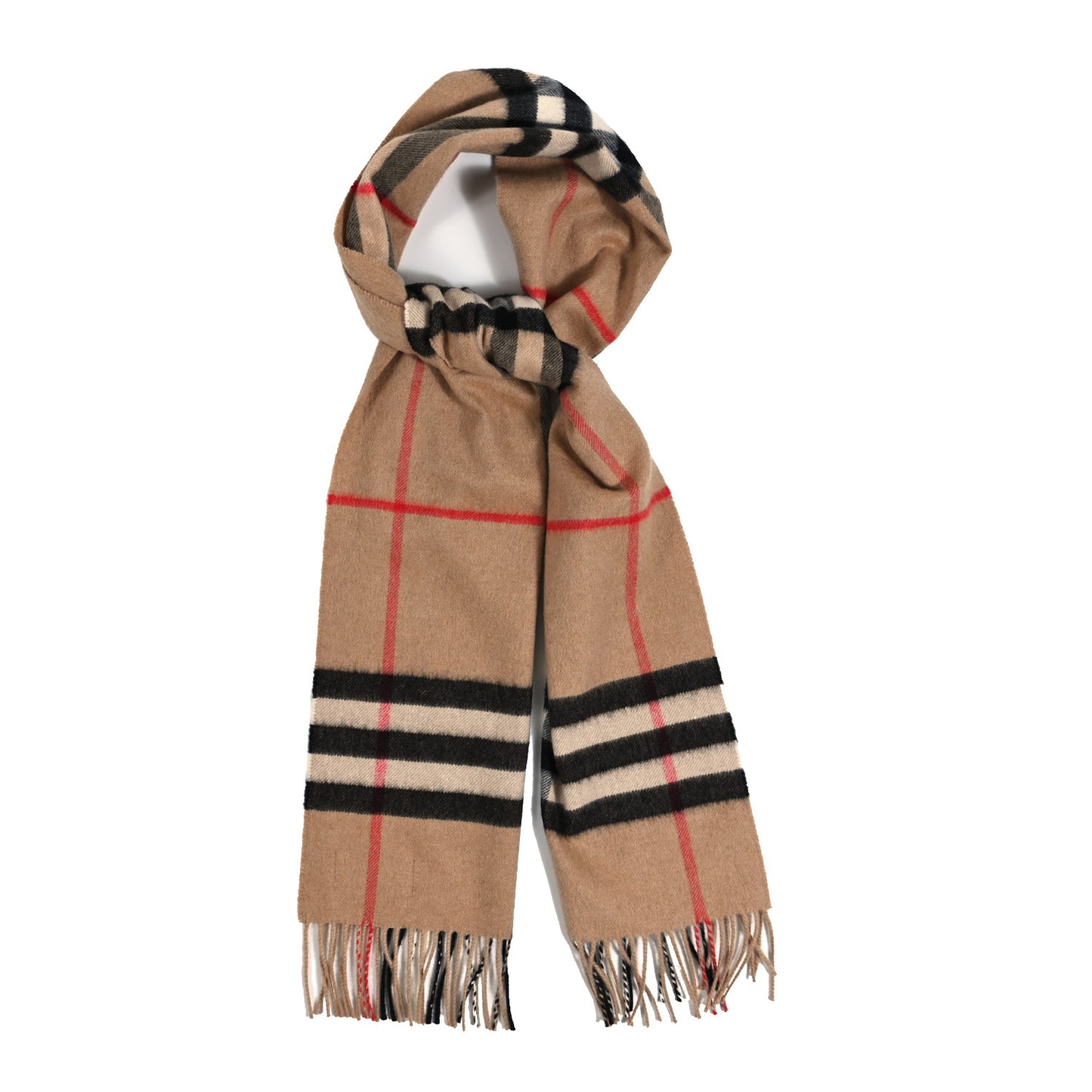 Cashmere Giant Check Fringe Scarf Camel