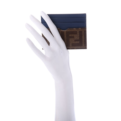 Fendi Vitello Century Glazed Fabric FF 1974 Card Holder Blu Scuro Mogano Panna 2 of 7