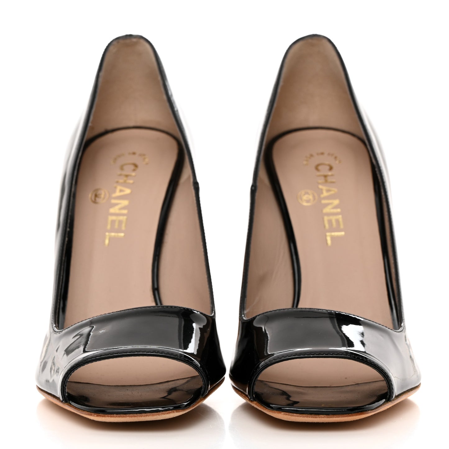 Patent Calfskin CC Open Toe Pumps 39 Black
