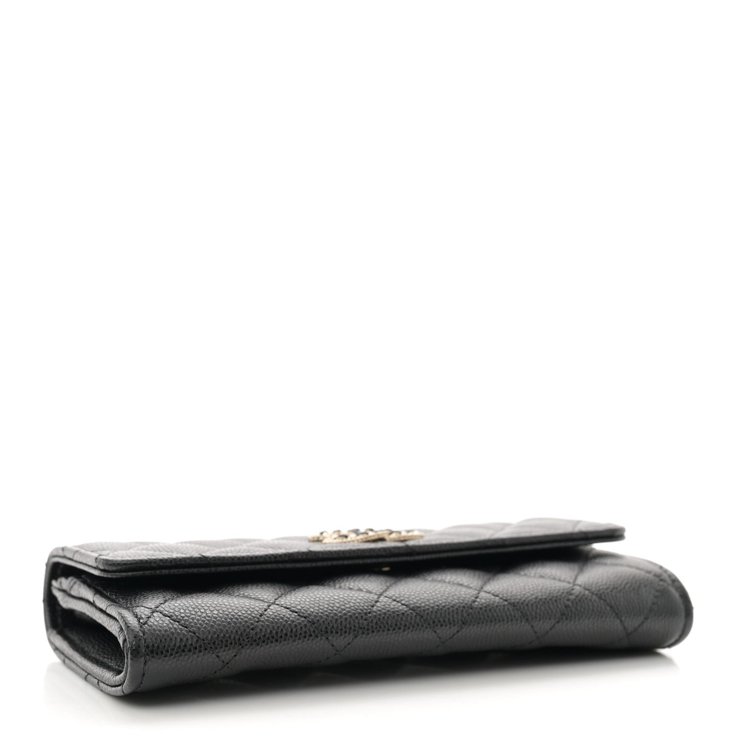 Caviar Quilted Crystal CC Large Gusset Flap Wallet Black