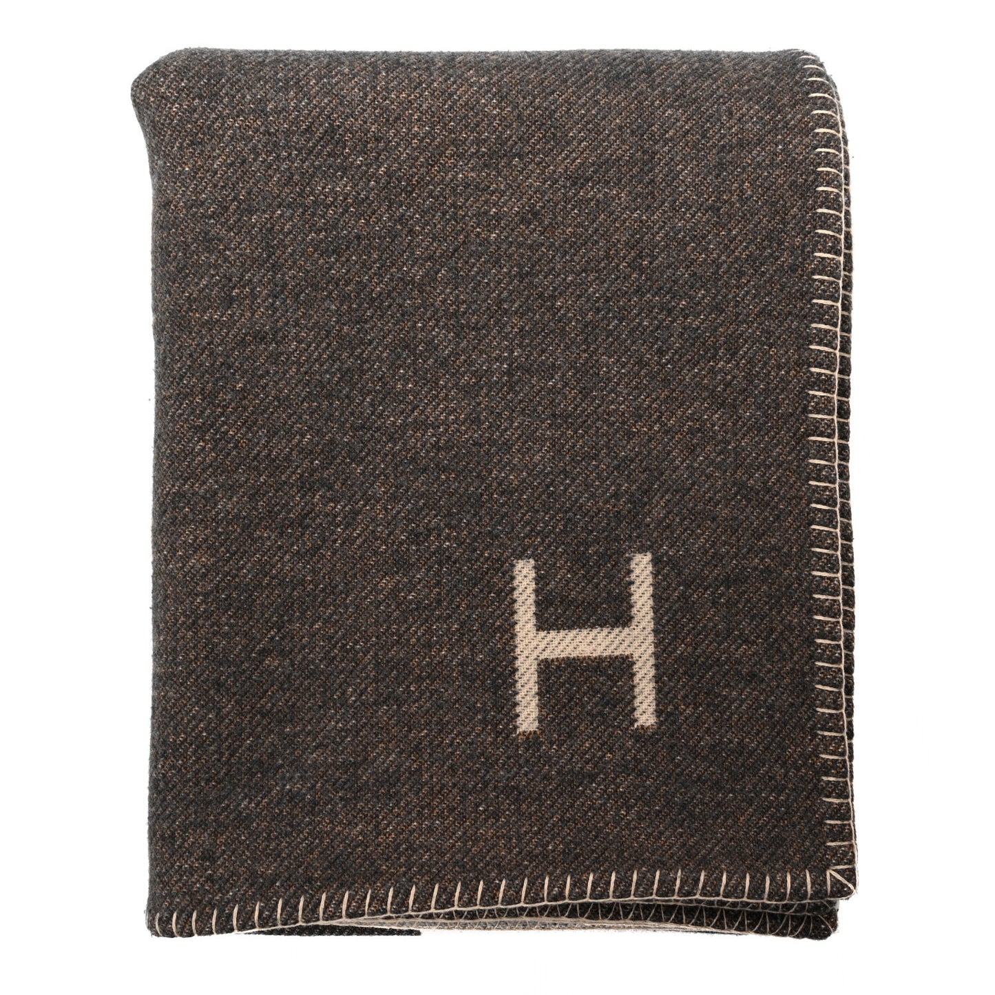 Wool Cashmere H Casaque Blanket Ecru Carbone