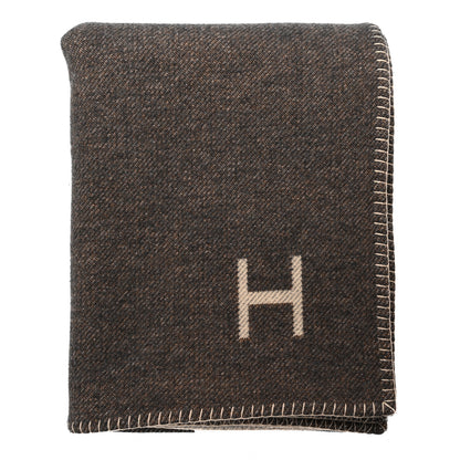 Hermes Wool Cashmere H Casaque Blanket Ecru Carbone 1 of 4