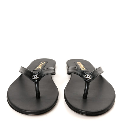 Chanel Shiny Lambskin Crystal CC Thong Sandals 38 Black 3 of 10
