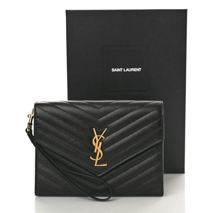 Saint Laurent Grain De Poudre Matelasse Chevron Monogram Envelope Clutch Black 10 of 10