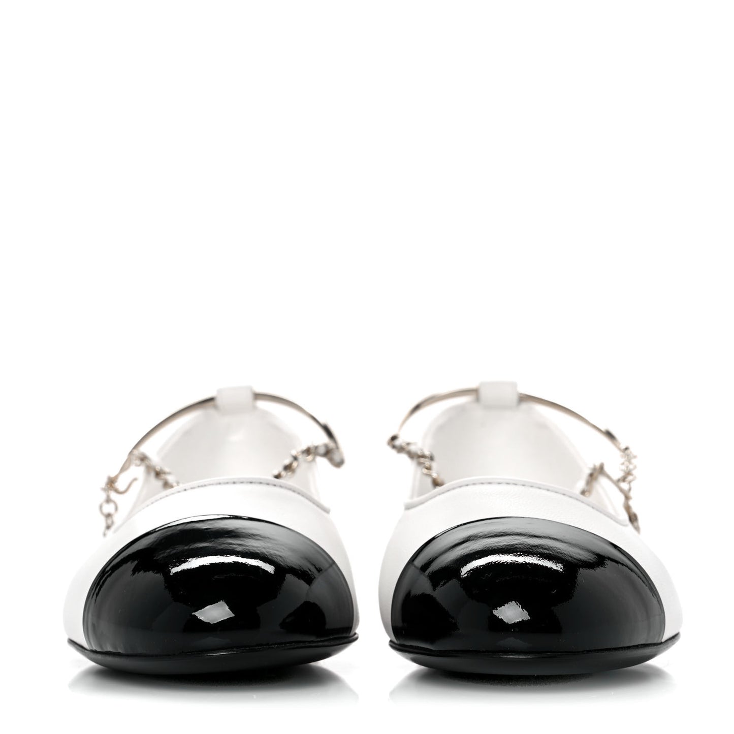 Lambskin Patent Calfskin Cap Toe Ankle Chain Ballerina Flats 36.5 White Black