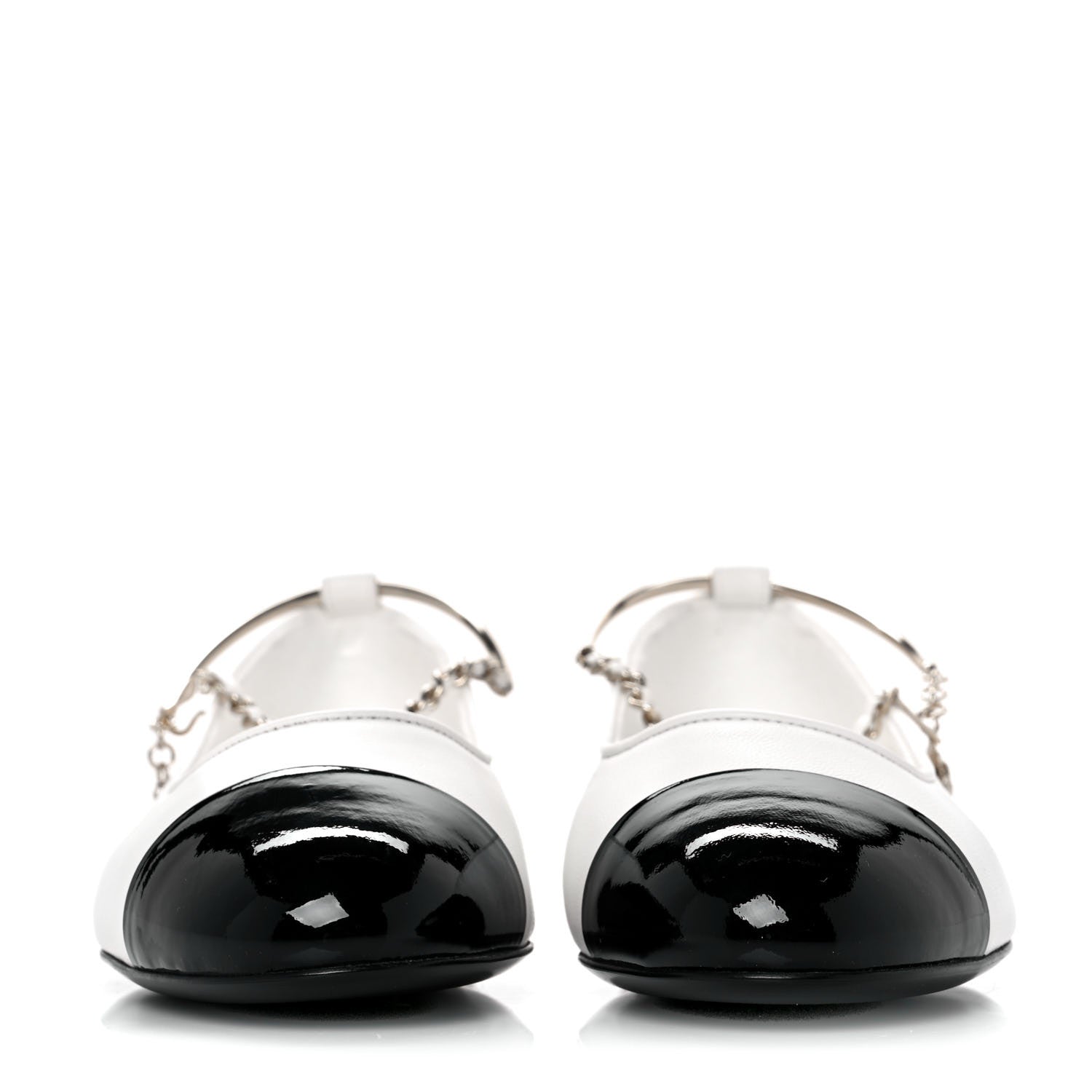 Chanel Lambskin Patent Calfskin Cap Toe Ankle Chain Ballerina Flats 36.5 White Black 2 of 9