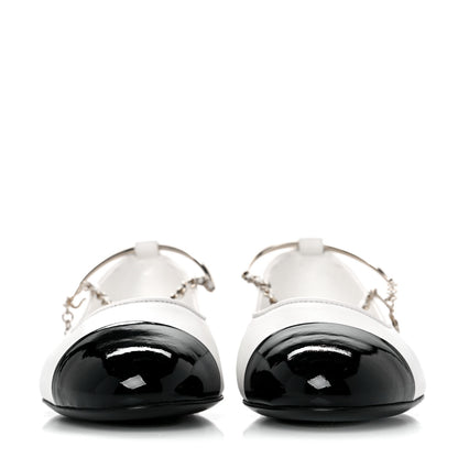 Chanel Lambskin Patent Calfskin Cap Toe Ankle Chain Ballerina Flats 36.5 White Black 2 of 9