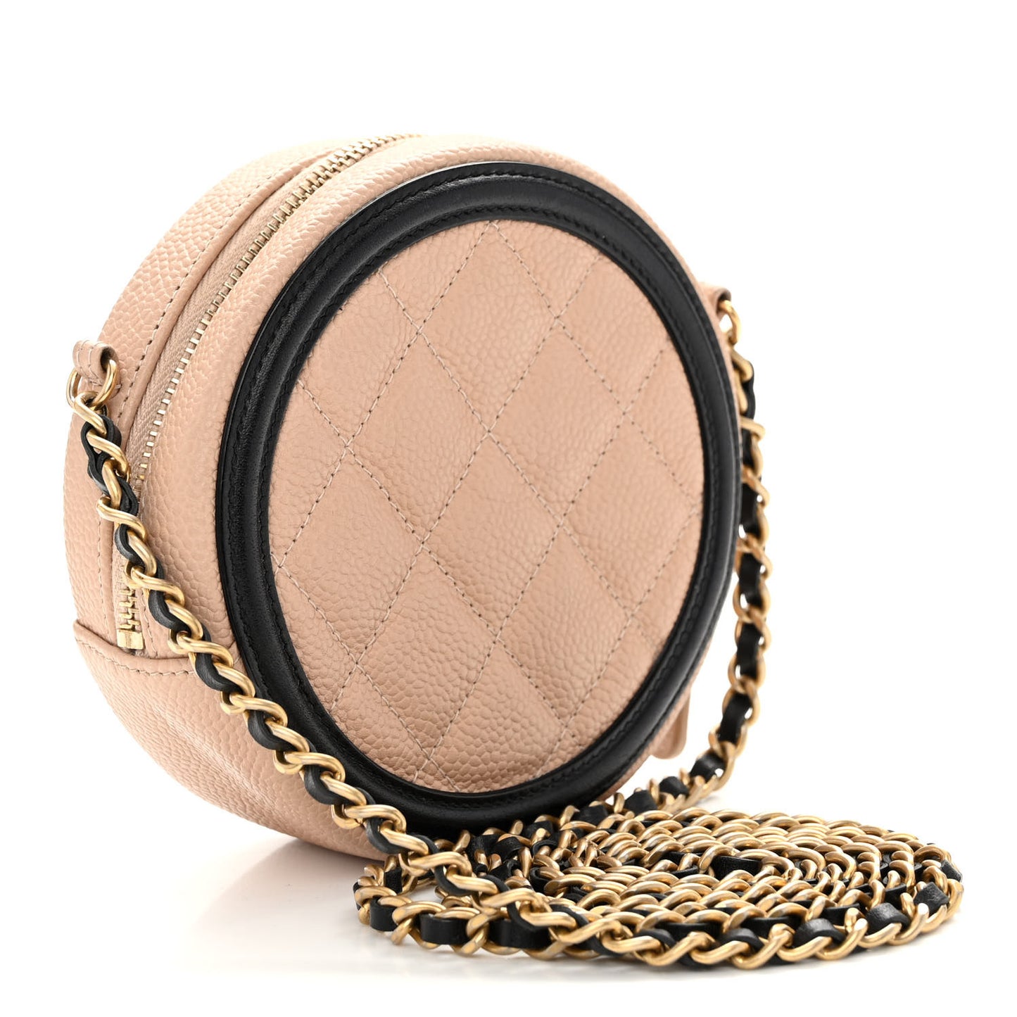 Caviar Quilted Round Filigree Crossbody Beige Black