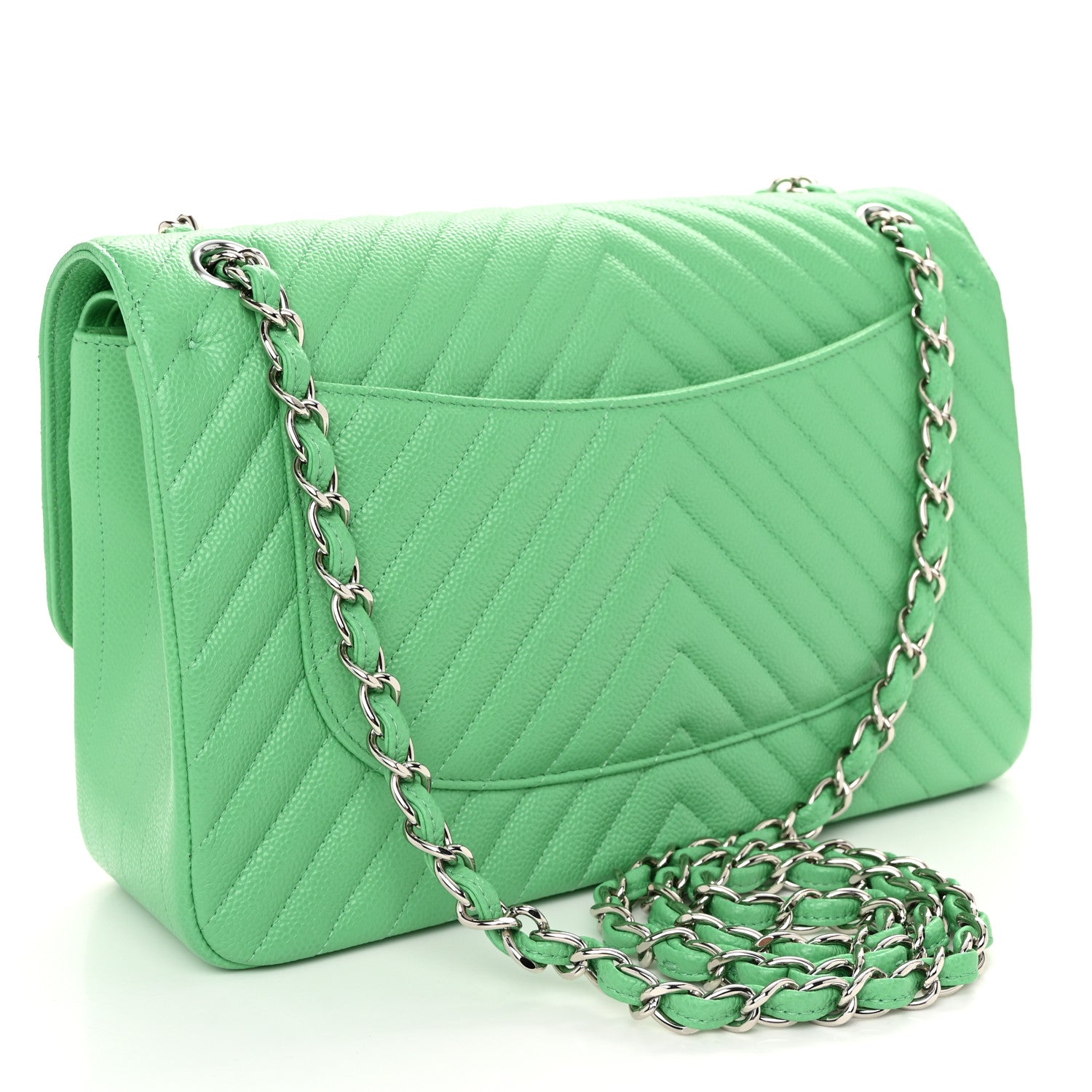 Chanel Caviar Chevron Quilted Jumbo Double Flap Green 3 of 11