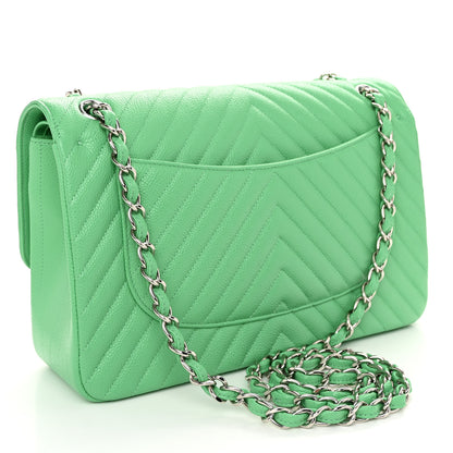 Chanel Caviar Chevron Quilted Jumbo Double Flap Green 3 of 11